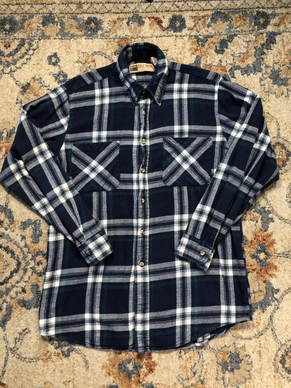 Big Mac Flannel Shirt Mens MT Tall Blue Plaid Long Sleeve Workwear Button-Up